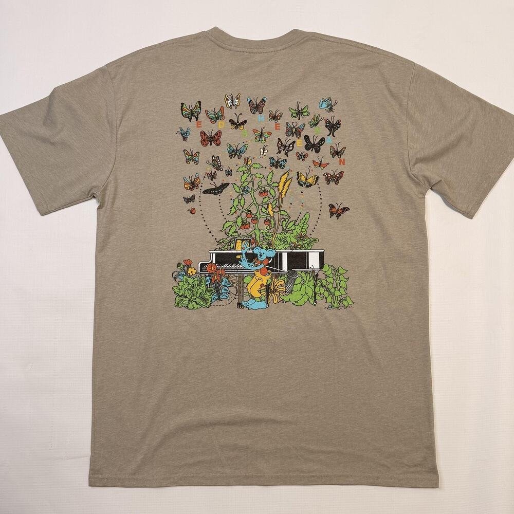 Ed Sheeran Shirt Mens XL Beige Butterfly Piano Garden Back Graphic Band Tee